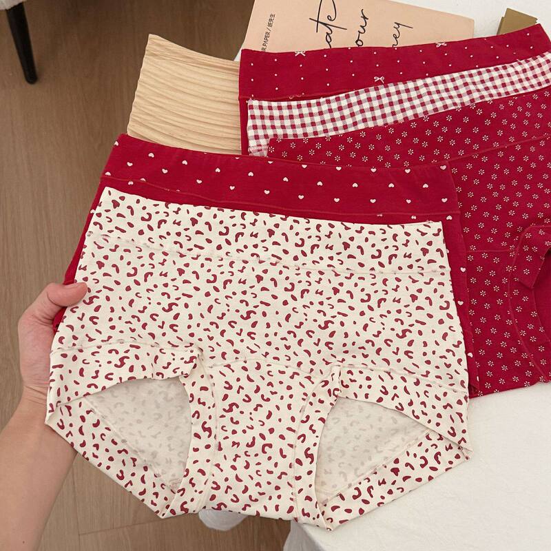Red Printed Boxer Briefs for Women, Pure Cotton, 10A Antibacterial Crotch, 2025 New Model, Zodiac Year Wedding Boxer Shorts