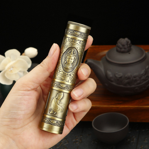 Relief retro Buddha statue metal incense barrel household incense stick portable incense burner incense seat dual-use incense barrel