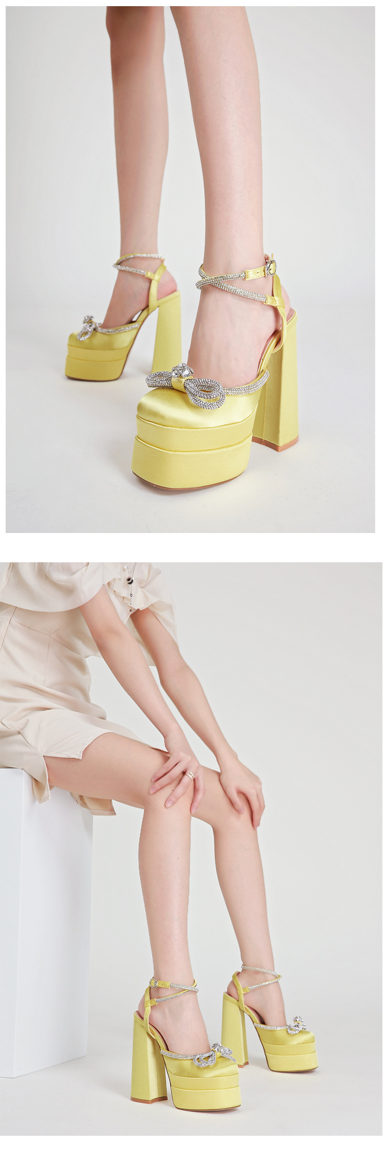 Giày sandal cao gót nữ đính đá dây đeo mắt cá chân, đế chống thấm nước, gót 9 cm — Màu đen chi tiết 1