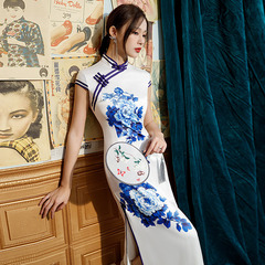 Blue and White Porcelain Large Peony Pattern Double-Layer Long Cheongsam 2024 New Style Women's Stage Performance Costume