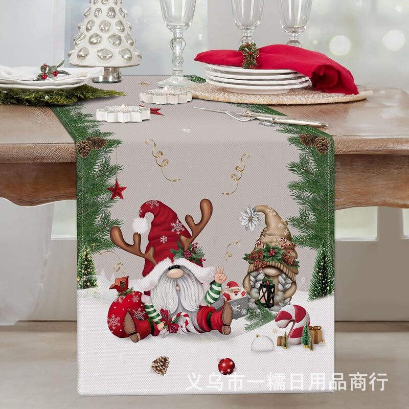 国境を越えて人気のクリスマステーブル旗サンタクロースヘラジカ雪だるま亜麻プリント客間茶卓装飾品|undefined
