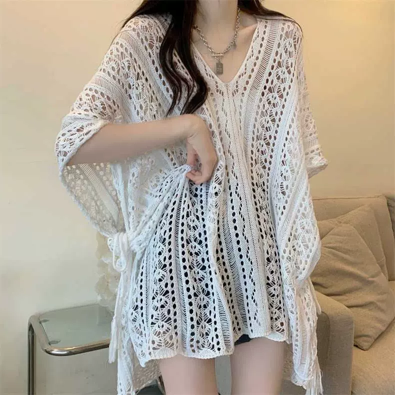 Летний вязаный свитер, v-образный вырез, оверсайз, свободный крой