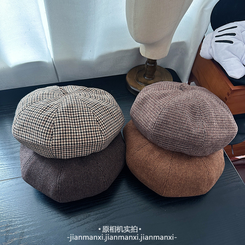 日系复古时髦格子八角帽子女春秋气质百搭显脸小鸭舌帽户外画家帽|undefined