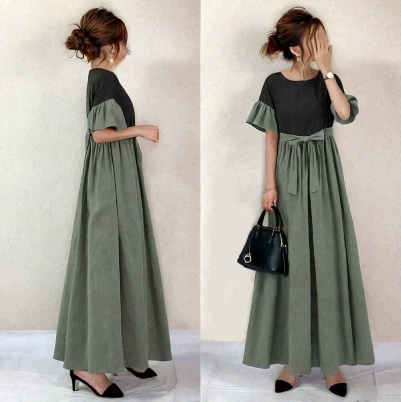 in stock Japanese new horn sleeve stitching belt dress