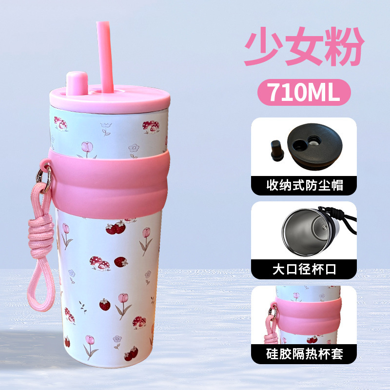 見栄えの良いステンレス製魔法瓶カップ、大容量、ポータブルストローカップ、女性用フレッシュコーヒーカップ、アウトドア用ロープ付き|undefined