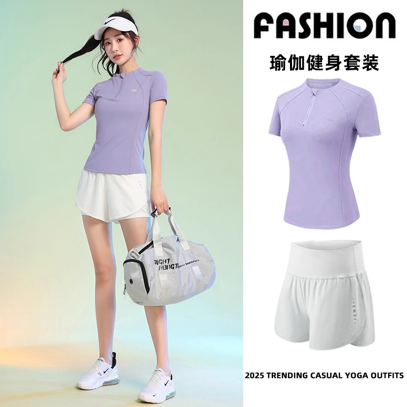 Casual Sports Yoga Suit for Women in Summer Breathable Short-Sleeved Professional Badminton Training High-Looking Tennis Fitness Suit