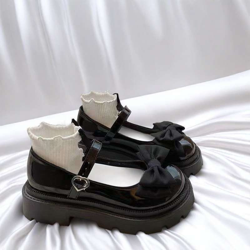 Bow Mary Jane Small Leather Shoes Women's Cute Round-toe Thick Big-toe Shoes College-style All-match Japanese Style JK Shoes Trendy