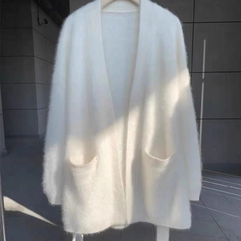 奶fufu白色水貂绒针织开衫女秋秋中长款软糯毛衣外套宽松慵懒上衣|undefined
