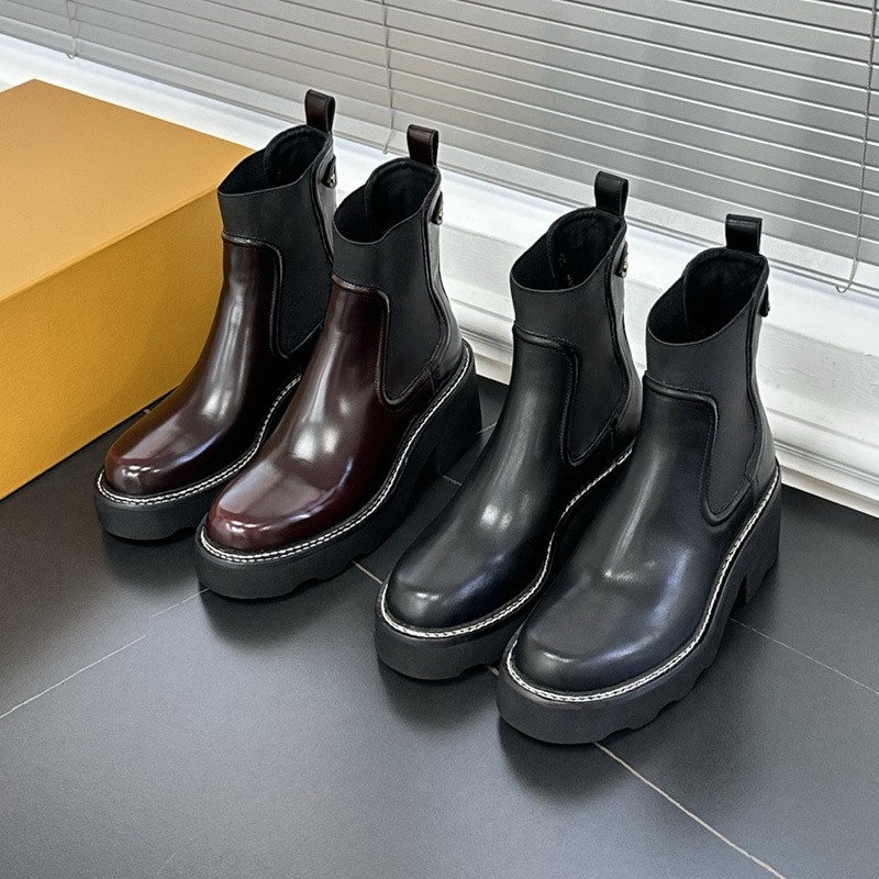 顶品原定版~L家新款切尔西短靴厚底圆头弹力套筒一脚蹬老花瘦瘦靴