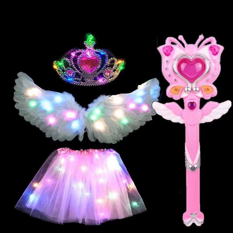 Alas de plumas luminosas blancas + falda de luz + Corona de luz + palo de mariposa