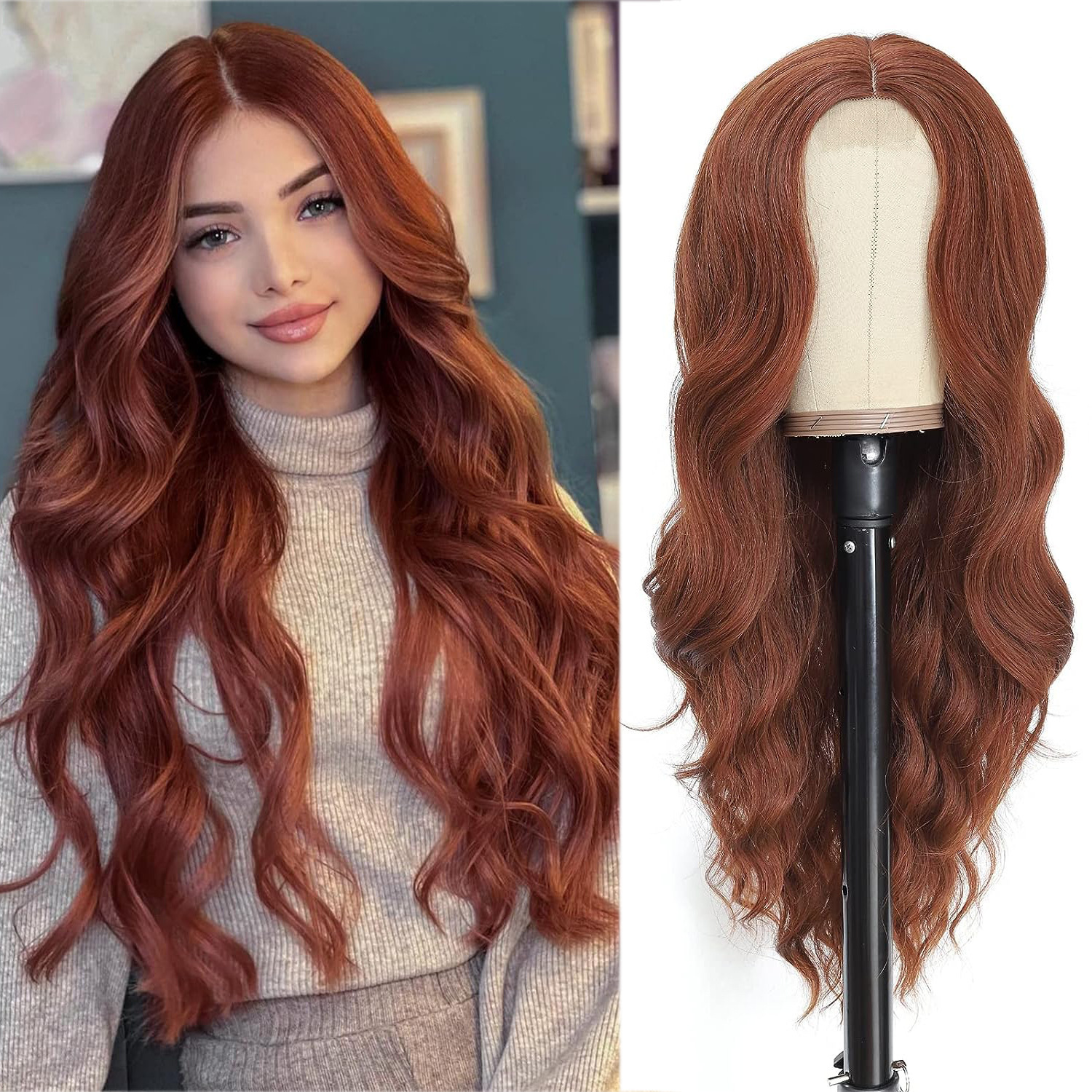 Perruque longue ondulée pour femme, cheveux bruns, raie au milieu, style polyvalent, confort optimal, extensions de cheveux synthétiques_voghion.com