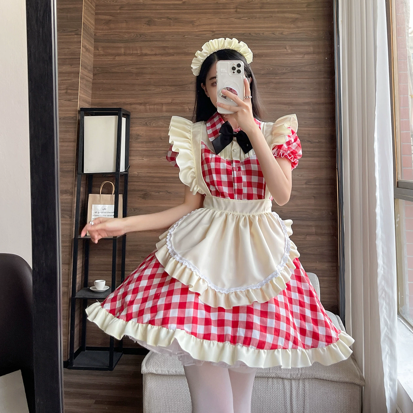 КостюмLolita в стиле униформы горничной, размеры от S до 5XL, красная клетка и Haig