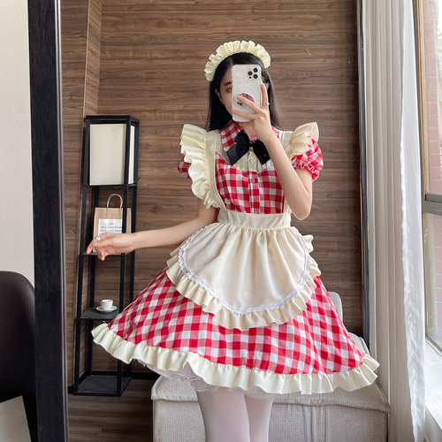Japanese cute style lolita maid outfit sexy cosplay maid uniform dress black and red plaid plus size