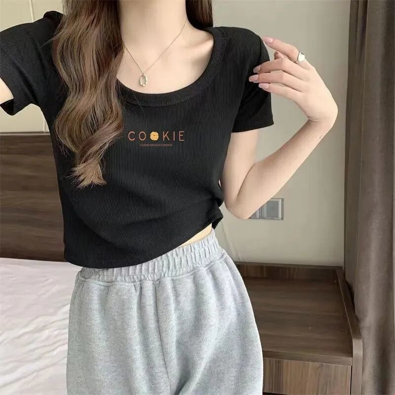 アイスシルクスレッドTシャツ夏の新しい甘辛スタイルスリムフィットショートトップ右肩半袖Tシャツ女性用イントレンド|undefined