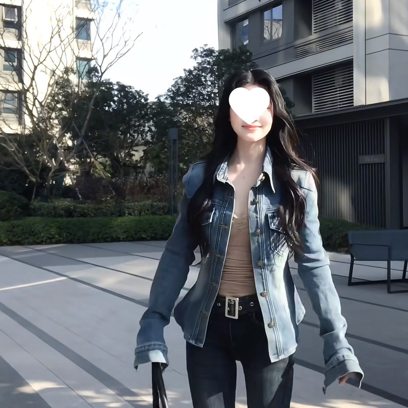 复古蓝色POLO修身弹性衬衫新款牛仔春秋款高级感收外套显瘦上衣女|undefined