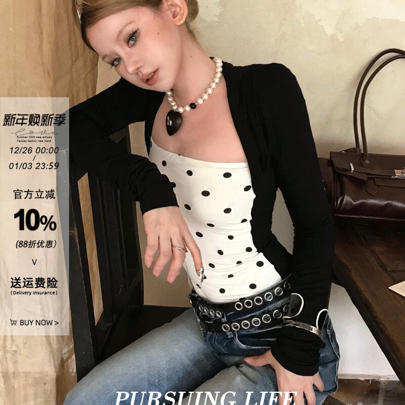 Pure Desire Hot Girl Bowknot Rhinestone U-Neck Tie Shoulder T-Shirt for Women, New Autumn/Winter Slimming Design Top Pure Desire Hot Girl Bowknot Rhinestone U-Neck Tie Shoulder T-Shirt for Women, New Autumn/Winter Slimming Design Top