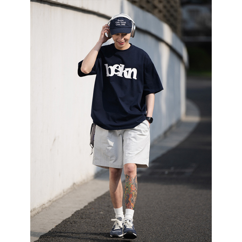 BELLKENIDEA heavy 300g cotton simple printed short sleeve loose solid color T-shirt men's and women's fashion line BELLKENIDEA heavy 300g cotton simple printed short sleeve loose solid color T-shirt men's and women's fashion line