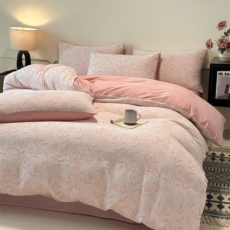 Nuevo tipo A piel de algodón doble cara teñido Jacquard flor simple cuatro piezas de sábanas fabricantes al por mayor