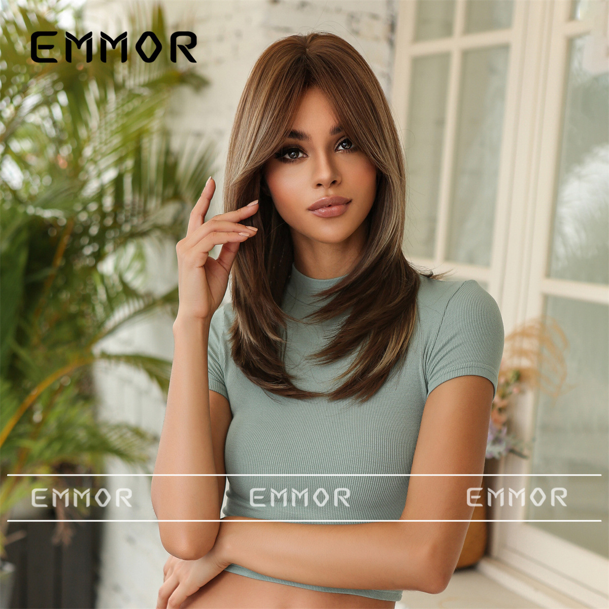 Peluca de temperamento en capas mujer flequillo de ocho caracteres cabello de longitud media micro-volumen simulación peluca natural cubierta de la cabeza completa cabello