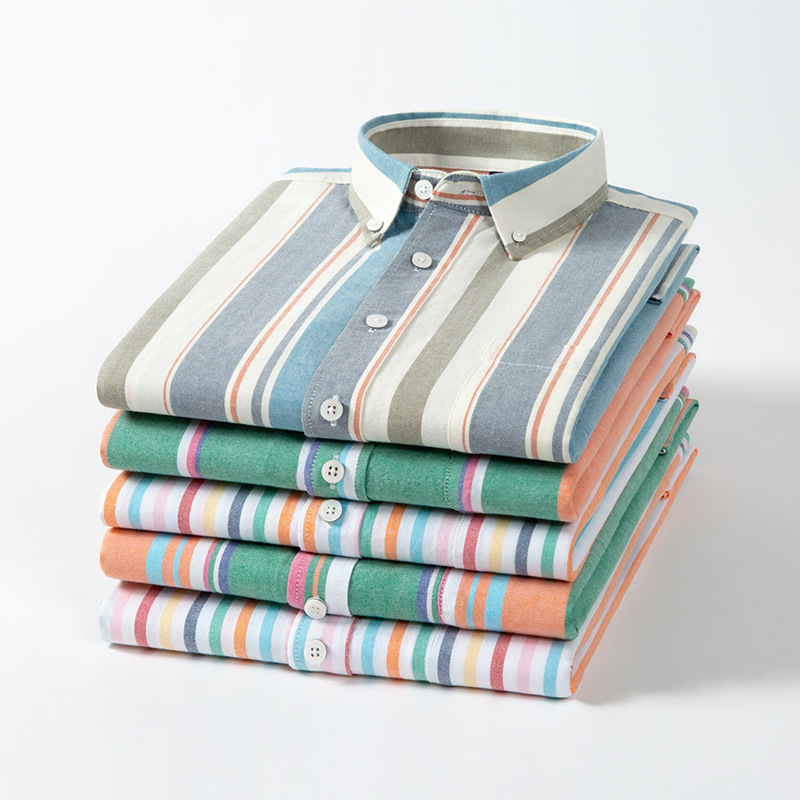 新款全棉水洗彩色条纹长袖时尚休闲衬衫大码男士商务衬衣