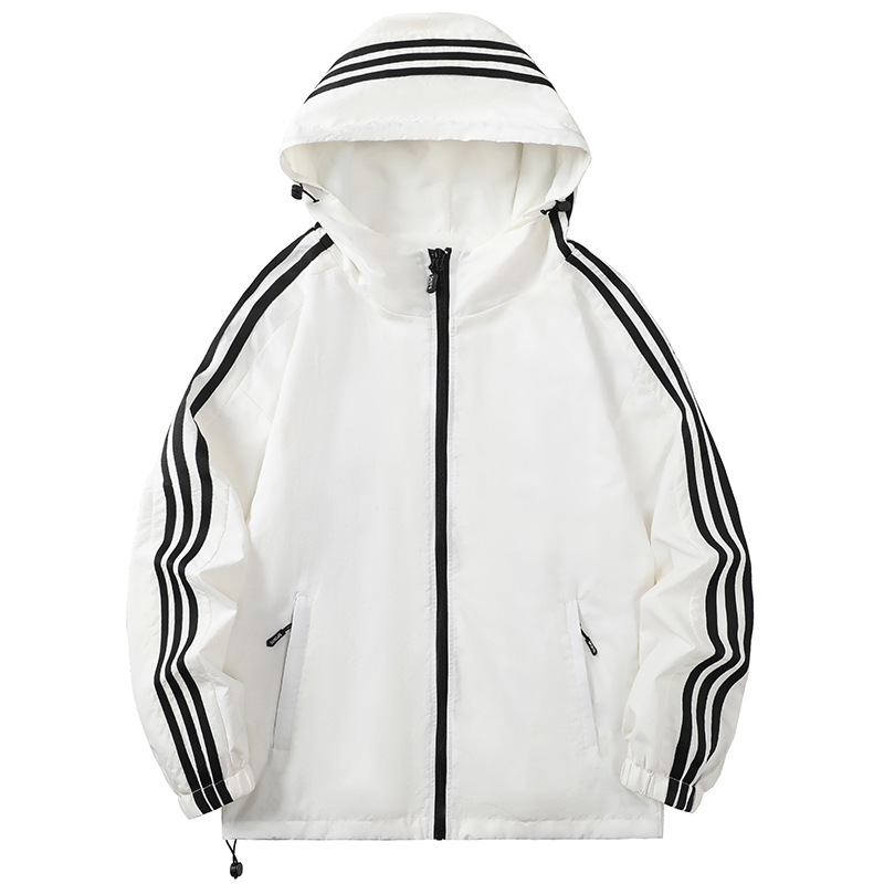 Chaqueta de tres rayas para hombre, estilo transfronterizo, para primavera y otoño, con capucha, de marca, personalizada, versátil, informal, de talla grande, a la moda.