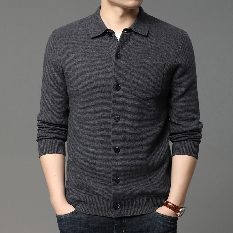 High-Quality Spring Men's Knit Cardigan, Long-Sleeve, Turn-Down Collar, Business Gentleman Style, Regular Fit Shirt Collar