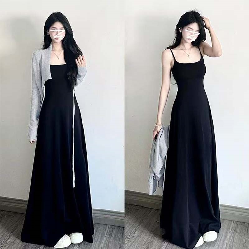 French-style black strap dress for women, summer petite seaside vacation dress, slimming long dress with an elegant vibe