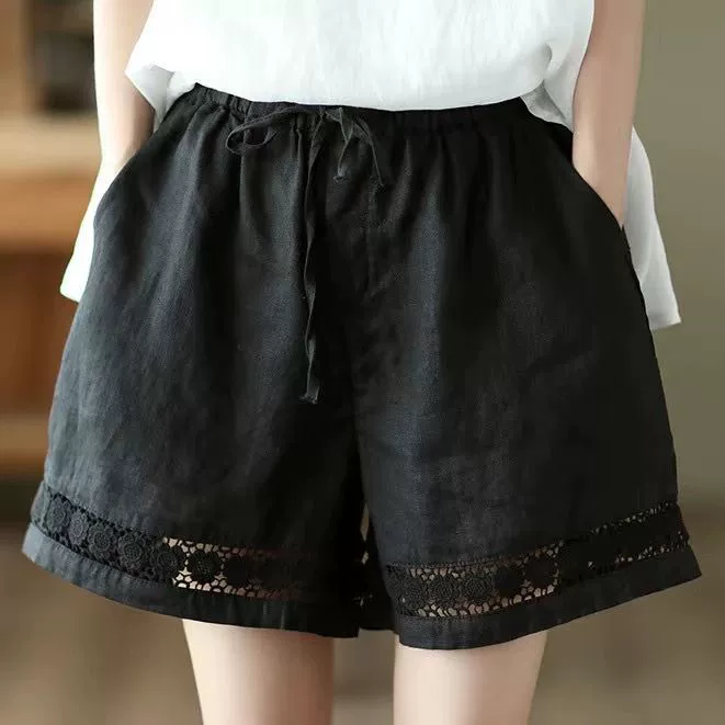 Женские шорты из хлопка и льна, летние тонкие повседневные брюки с эластичной резинкой на талии в стиле ретро, ​​свободные и универсальные широкие брюки из хлопка и льна.