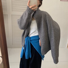 レイジースタイルソリッドカラーダブルジッパーラペルセータージャケット女性のための秋の新しいルーズシンプルなスタンドカラーニットカーディガン厚い