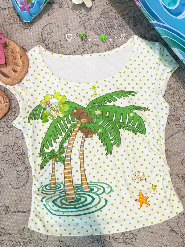 40-Count Imitation Cotton Summer Green Polka Dot Right Shoulder Short-Sleeved T-Shirt for Women with Niche and Unique Short Tops