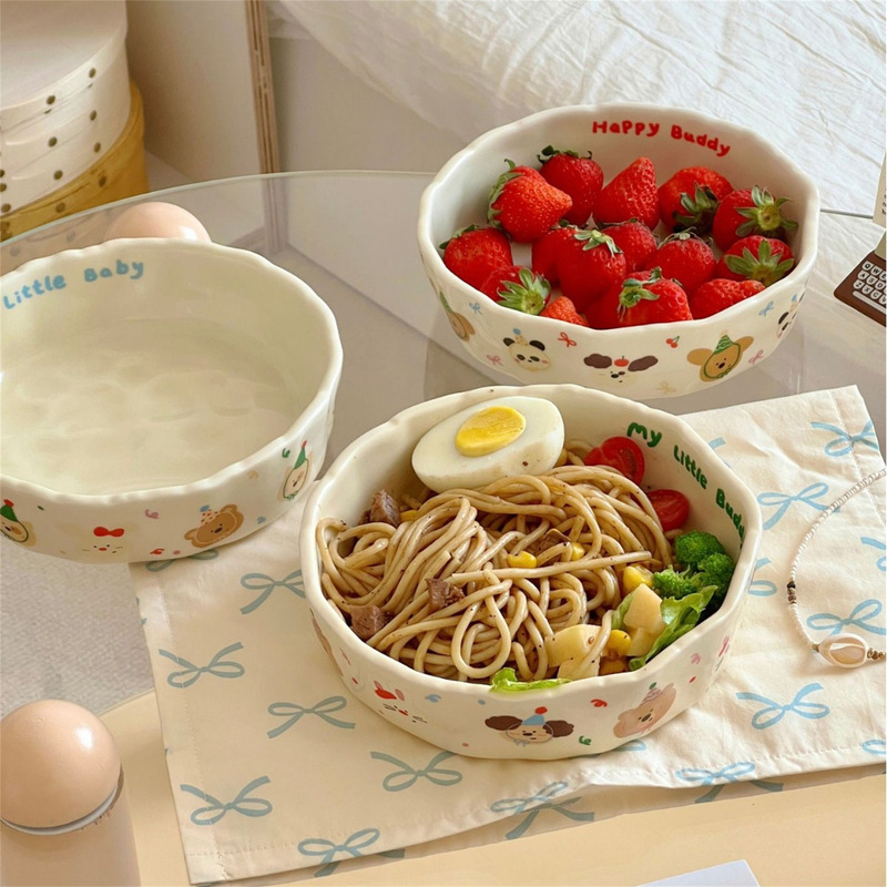 Ins Korean Animal Party Cute Puppy Rice Bowl Deep Plate Dinner Plate Ceramic Household Deep Plate Fruit Salad Plate