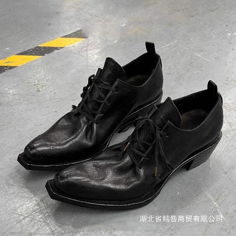 小众翘头模特巫师鞋男女走秀潮款尖头皮鞋高跟厚底德比鞋增高休闲