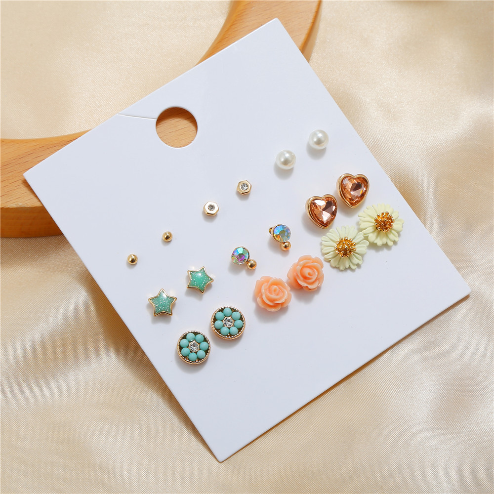 wholesale jewelry fivepointed star daisy rhinestone earrings 9 pairs set nihaojewelrypicture6