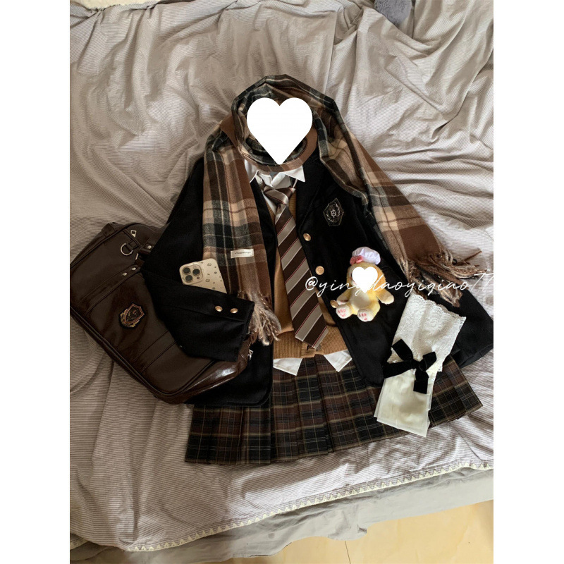 한국 대학 스타일 가을 겨울 JK 유니폼 세트 재킷 니트 조끼베이스 셔츠 체크 무늬 주름 치마 4 종 세트
