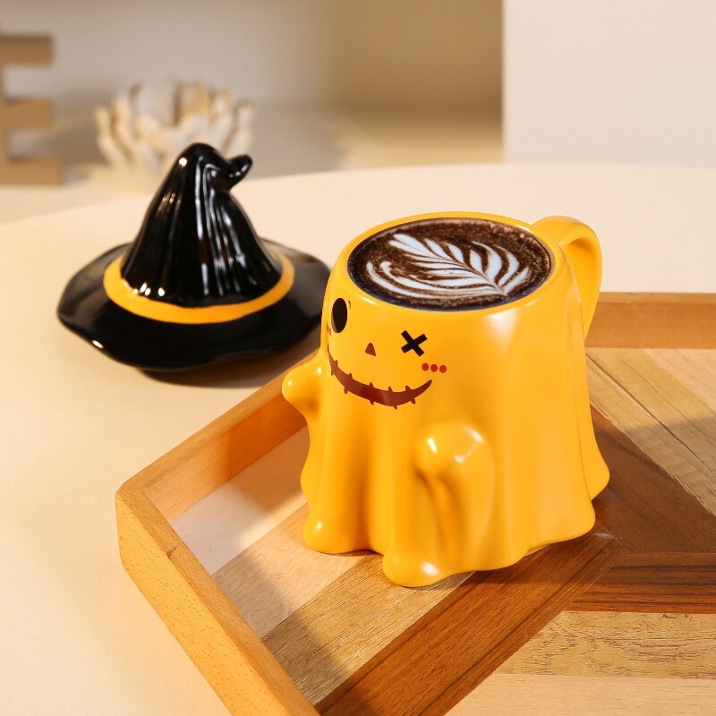 Cross Border Halloween Creative Ceramic Mug with Lid Ghost Water Cup Coffee Cup Student Breakfast Milk Cup Gift
