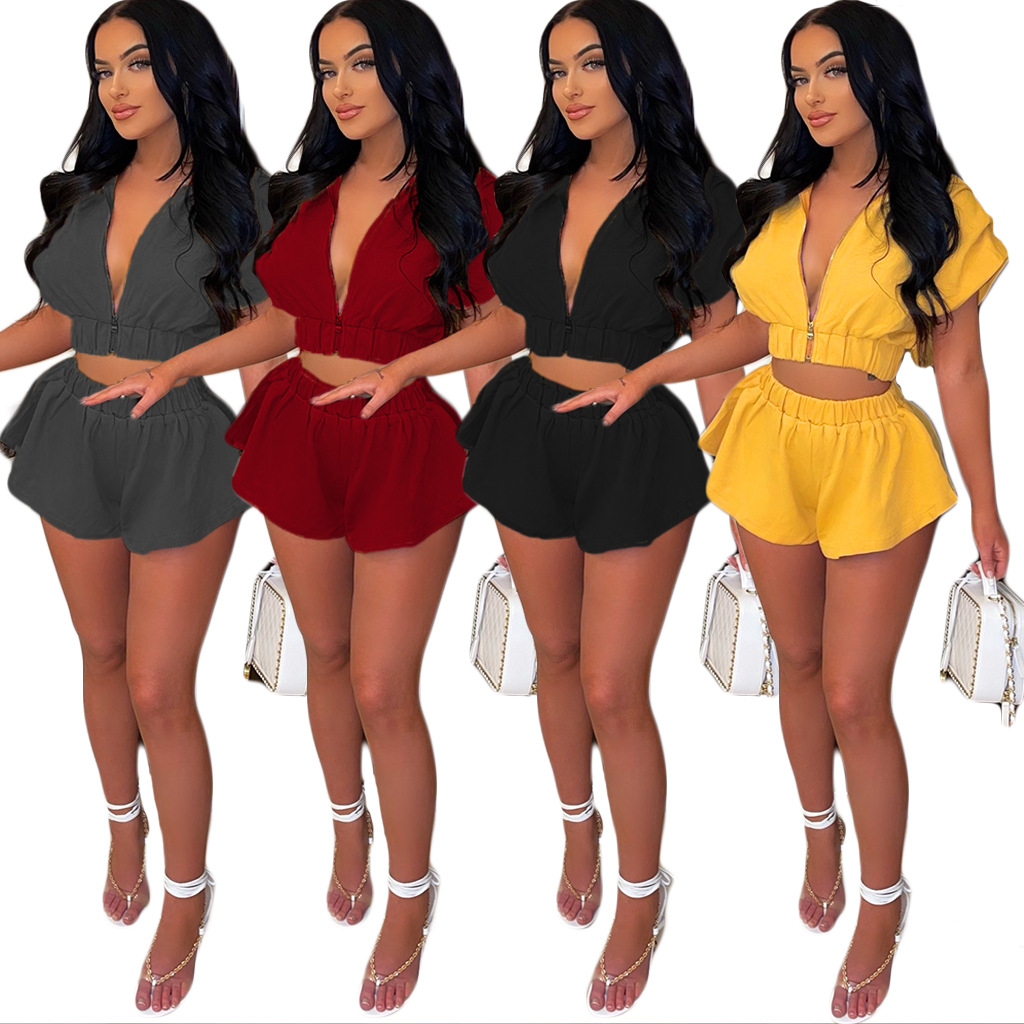 Casual Solid Color Elastic Waist Tops Shorts 2 Piece Set NSGCX114916