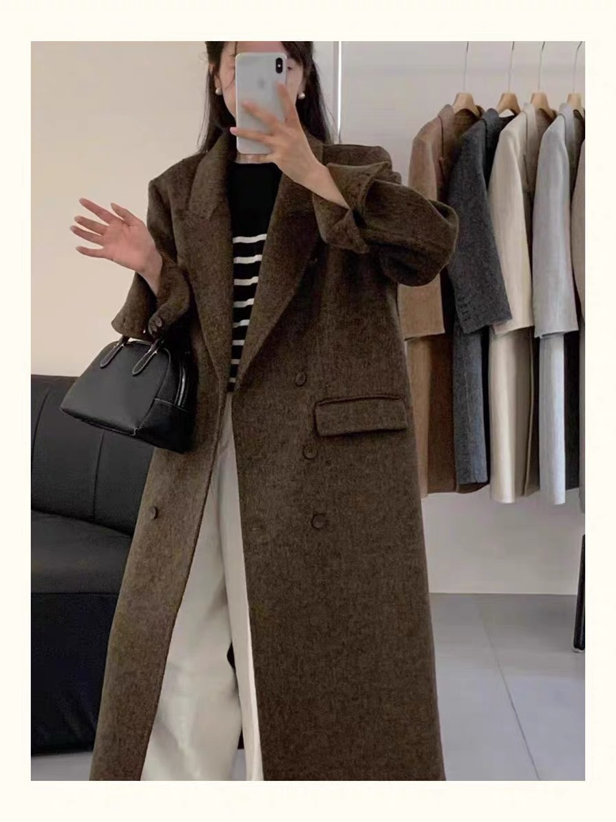2025 Autumn and Winter New Herringbone Suit Collar Double-Sided Cashmere Outwear for Women Slimming Look Woolen Woolen Outwear with Shoulder Pads