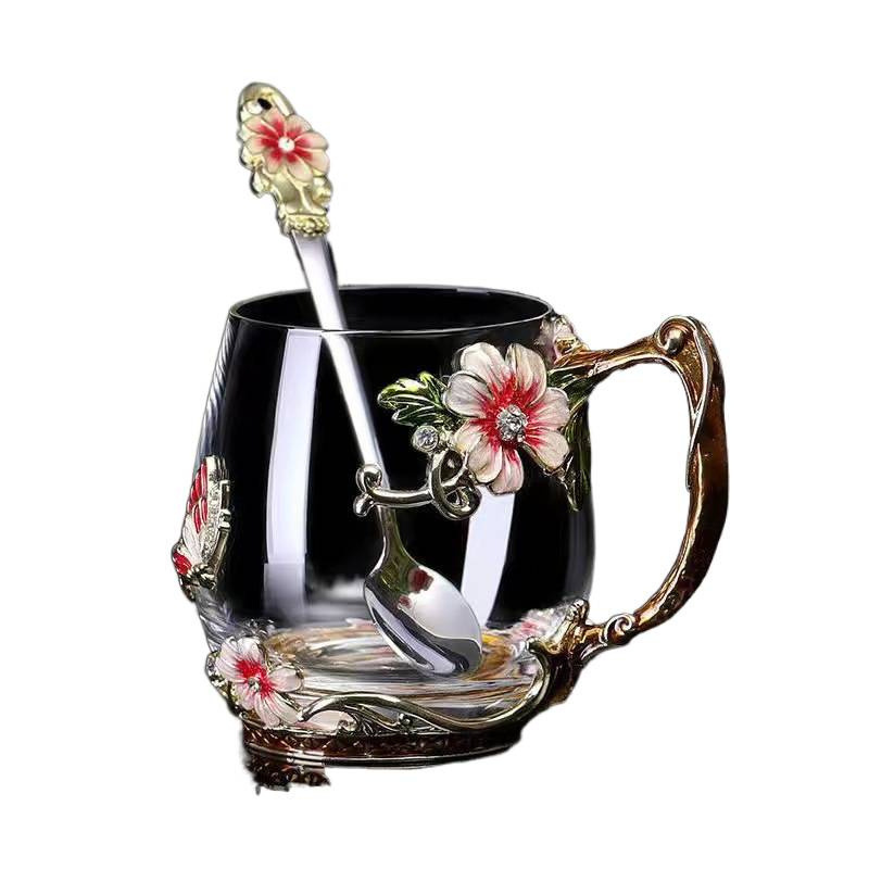 花茶杯礼咖啡杯早餐牛奶批发会销珐琅彩女圆形家用玻璃水杯果汁杯|undefined