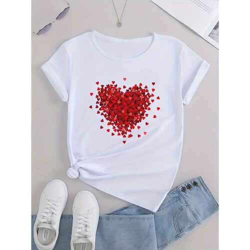 Summer Amazon Heart Flower Half Sleeve Trendy Plus Size Cute Fashion T-shirt Women