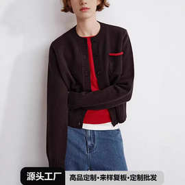 【工厂直销】冬季新款亲肤蓬松羊毛假两件撞色圆领套头针织开衫女