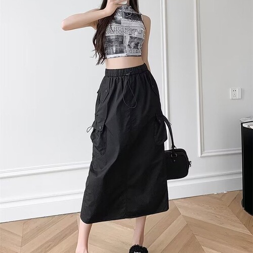Women's Loose Fit American Workwear Skirt with Elastic Waist, Drawstring, Casual, Versatile A-line Medium-length Skirt with Slits
