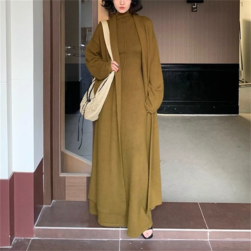 香港スタイルのレトロなロングセータースーツ女性のための秋と冬の新しい怠惰なスタイルのニットカーディガン気質ドレスツーピースセット|undefined