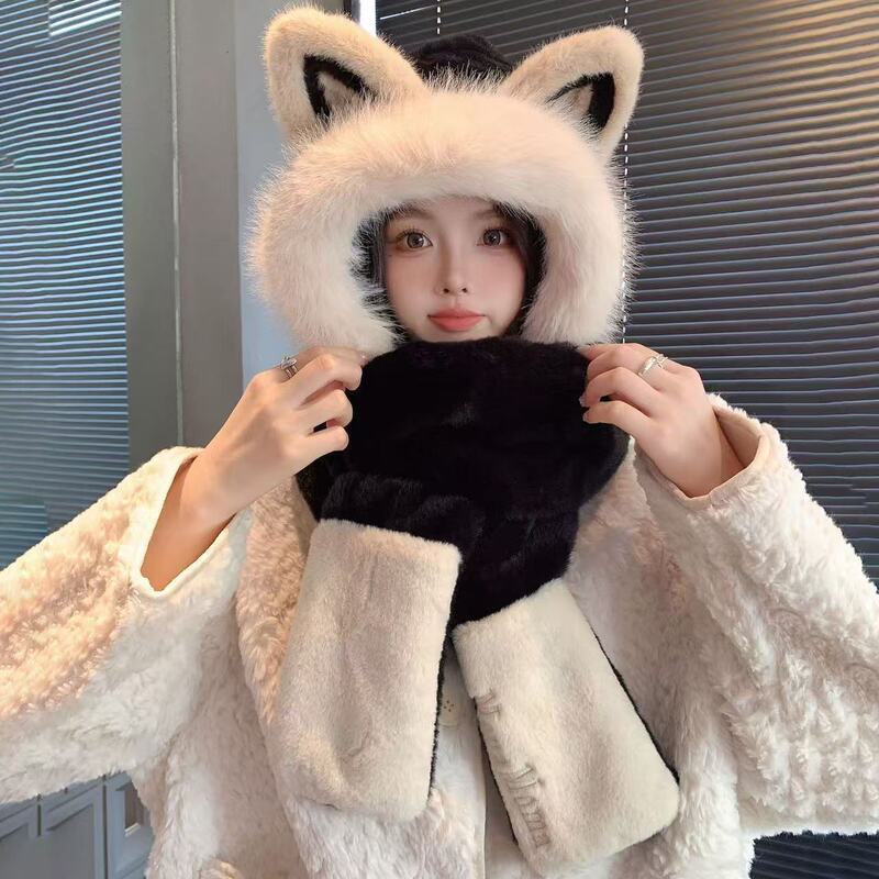 红色狐狸毛绒帽子围巾一体女款秋冬季围脖保暖帽子三件套加绒加厚|undefined