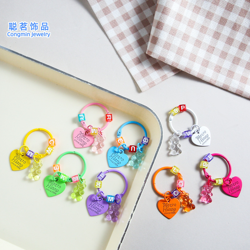 Cute Jelly Transparent Color Bear Pendant DIY Alphabet Beads Love Keychain Mobile Phone Case Student Backpack Hanging Accessories