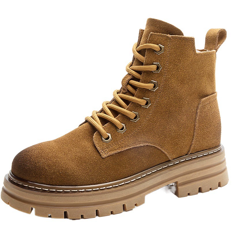 Женские ботинки на толстой подошве, осень-зима 2024, новый стиль, хлопковые ботинки с ревенем в стиле ретро, короткие ботинки из натуральной кожи, британские матовые мотоциклетные ботинки