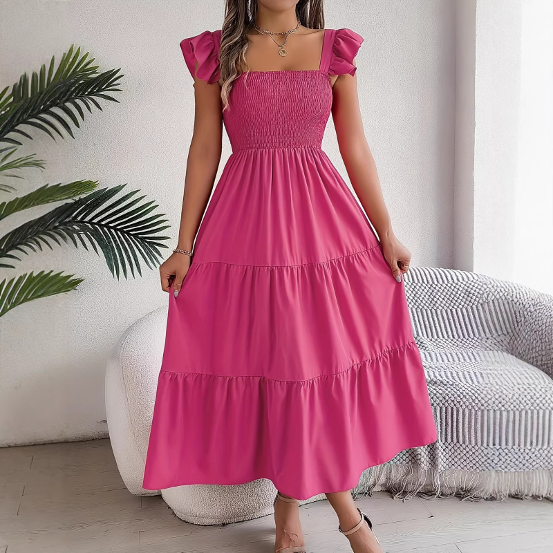 2026 Real Shot Summer European and American Style Solid Color Square Neck Ruffled Waist A-Line Long Dress Amazon Cross-Border Women's Fashion New Arrival 2026 Real Shot Summer European and American Style Solid Color Square Neck Ruffled Waist A-Line Long Dress Amazon Cross-Border Women's Fashion New Arrival