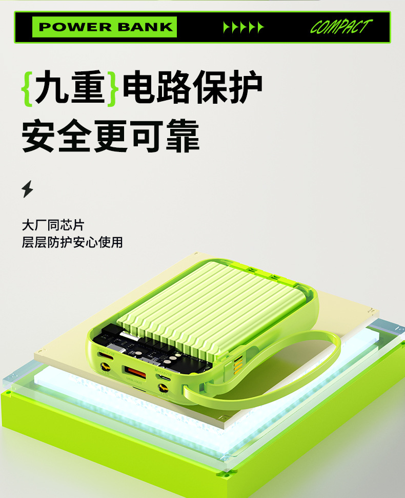 Grenzüberschreitende 3C-zertifizierte Powerbank mit integriertem Kabel, Schnellladung, 20000mAh, extra großes Fassungsvermögen, mobile Stromversorgung, individualisierbar