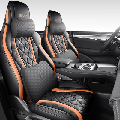 leather car seat cover, Modelə uyğun (Original) oturacaq örtükləri - black-orange-memory-foam-version-special-for-sea-lion-07ev-full-front-row-half-package-in-the-back-row