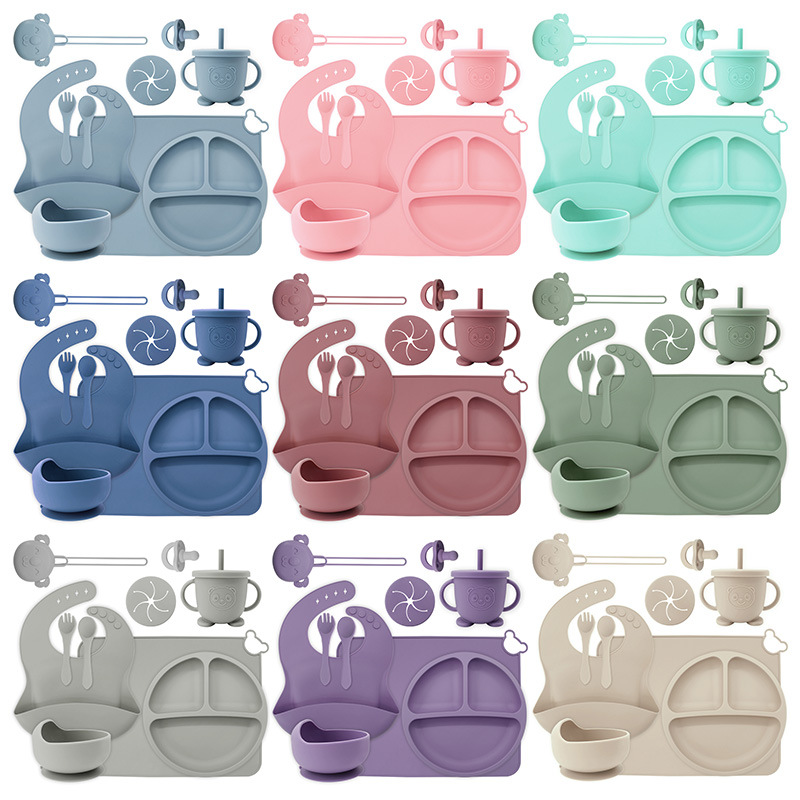 Juego de vajilla de silicona de una pieza, juego de diez piezas, plato de alimentación complementaria para bebés de seis meses, tazón de alimentación independiente para bebés