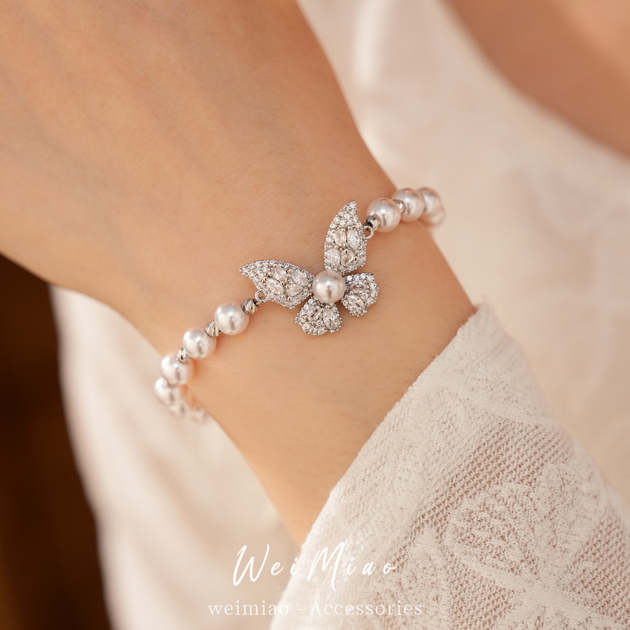 Pulsera de perlas de mariposa de piedra de diamante redonda lujosa pulsera de pulsera de alta calidad temperamento exquisito joyería de moda versátil